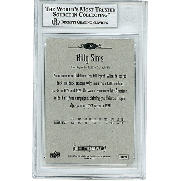 Billy Sims Signed Upper Deck Goodwin Champions Football Card Beckett Autographed - Picture 2 of 4